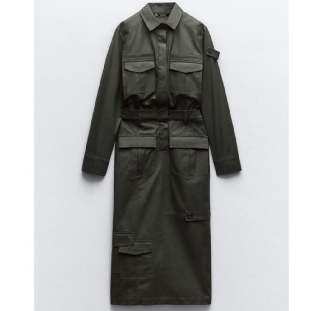 NWOT | ZARA | Olive Green Coated Cargo Dress - Picture 5 of 10